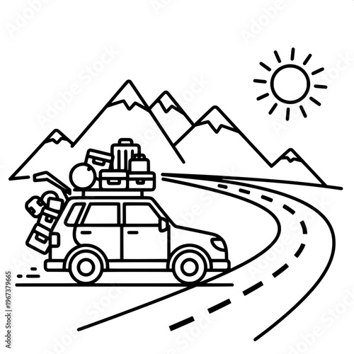 family minivan packed for mountain road trip under sunny sky illustration