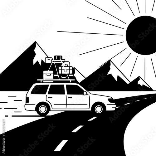 overloaded suv driving on mountain road under bright sunlight minimalist illustration