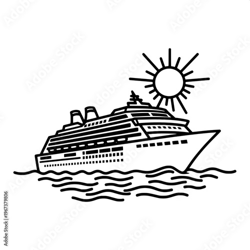cruise ship sailing on ocean under sunny sky line art illustration
