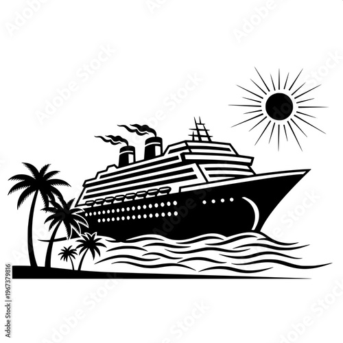 Cruise ship sailing in tropical paradise with sunset and palm trees illustration
