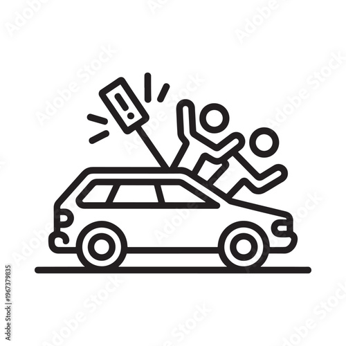 Line art illustration depicting a car accident with people and a warning sign