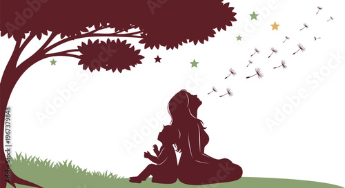 Woman sitting under tree silhouette illustration.