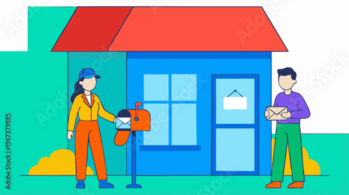 Mail delivery service with a female mail carrier and a man holding mail