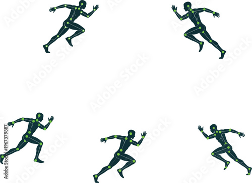 Futuristic motion capture runner silhouettes with glowing green joint markers for artificial intelligence biomechanics