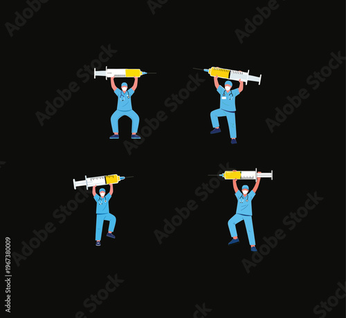 Professional doctor character set in blue scrubs lifting large vaccine syringe for healthcare medical treatment and immunization