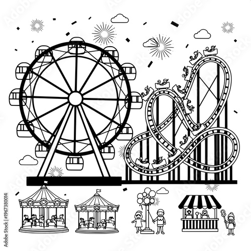 black and white amusement park rides sketch with carnival attractions illustration
