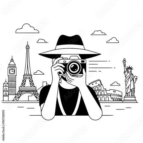 traveler with vintage camera exploring global landmarks flat illustration