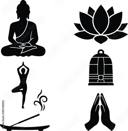 Buddhist meditation iconography set with Buddha lotus incense and bell silhouettes