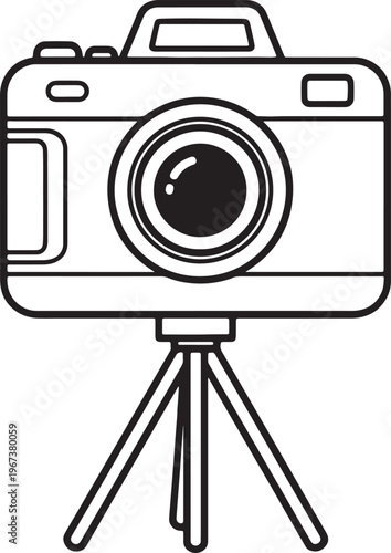 Black and white line of a vintage camera on a tripod stand isolated on transparent background also transparent background
