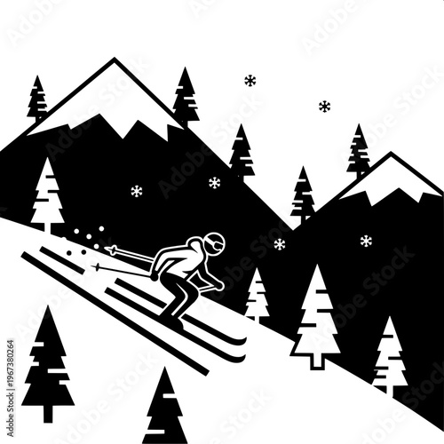 Skier descending snowy mountain slope in minimalist black and white illustration