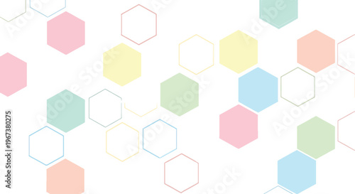 A collection of soft pastel colored hexagonal shapes are arranged on a clean white background.