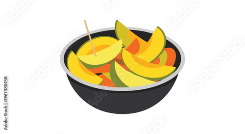 A cartoon illustration of a bowl filled with sliced mango and a toothpick