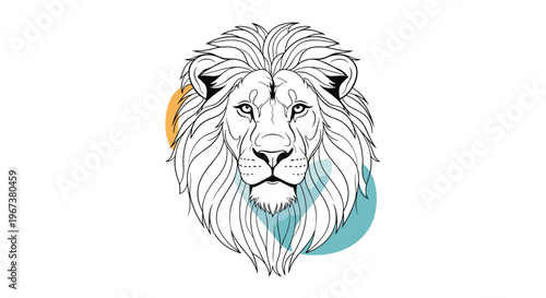 Majestic lion head line drawing with its full mane framed by soft colored circular shapes for a modern and stylish wildlife portrait.