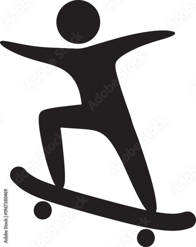 Black silhouette of a person skateboarding with outstretched arms and bent knees also transparent background