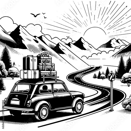 Vintage car with luggage on snowy mountain road trip illustration