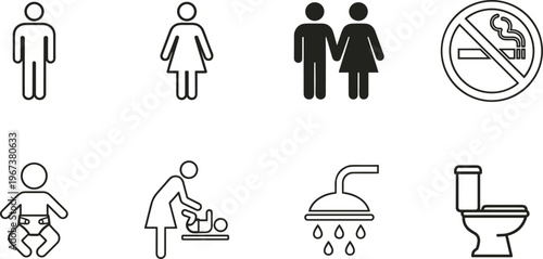 Public Facilities and Hygiene Icon Set with Restroom Male Female Baby Care Shower Toilet and No Smoking Symbols for Accessibility and Sanitation Design