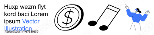 Finance, creativity, artistic freedom, income generation, wealth, artistic pursuits. Dollar sign coin, music note and human figure motioning expressively. Finance and creativity concept
