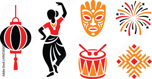 Cultural festival and celebration icons featuring lanterns dancers and drums