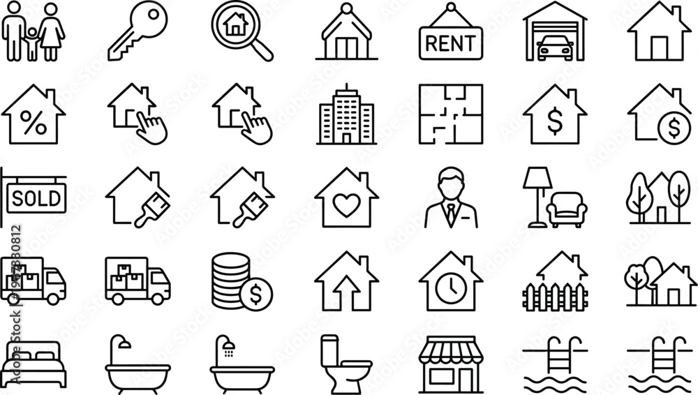 Fototapeta premium Real Estate and Property Icon Set with House Rent Sale Mortgage Home Interior Moving and Residential Symbols for Apps and Website UI Design