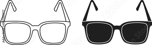 Eyeglasses and sunglasses vector icons in line and silhouette styles, ideal for optical, fashion, vision care, and summer accessory concepts.