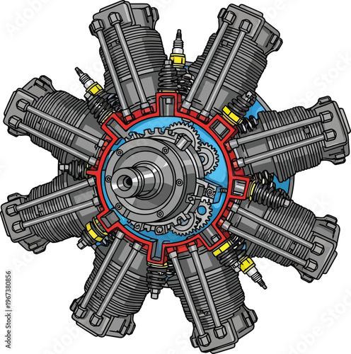 Detailed illustration of a radial aircraft engine with exposed internal components.