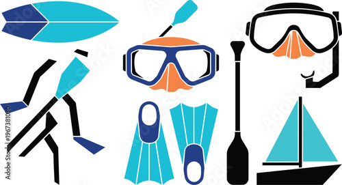 Water sports and beach activity equipment icons in blue and orange