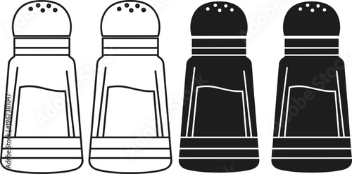 Salt and Pepper Shaker Vector Icon Set Featuring Spice Dispensers for Kitchen Cooking, Restaurant Dining, Food Seasoning, and Condiment Concept