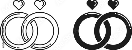 Interlocked wedding rings with hearts icon set in line and silhouette styles, ideal for marriage, romance, engagement, and jewelry concepts.