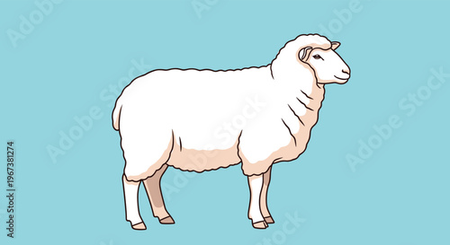 Clean illustration of a white sheep standing against a soft blue background highlighting its fluffy wool and gentle facial expression.