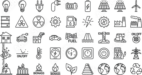 energy and solar power resource line icon set for industry and environment oil; gas; nuclear; solar; wind; battery; electricity; fuel; globe; renewable; 