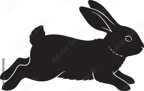 Black rabbit silhouette running right white background