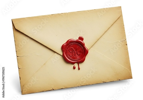 A vintage envelope sealed with a red wax stamp on a white background.