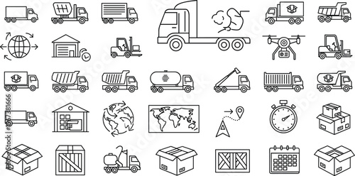 Logistics & Delivery Icon Set cargo Truck and Warehouse Supply Chain  shipping, transport, truck, cargo, drone, van, trailer, tanker, crane, stopwatch, timing, calendar, schedule, route, destination, 