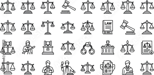Law & Justice Icon Set legal,court, gavel, scales, balance, judge, lawyer, attorney, courthouse, handcuffs, prisoner, police, 