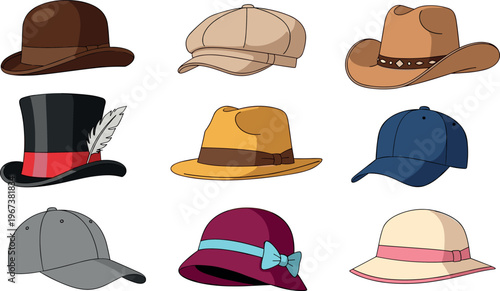 Hat collection set with cowboy fedora baseball cap vintage and fashion headwear styles flat vector illustration design