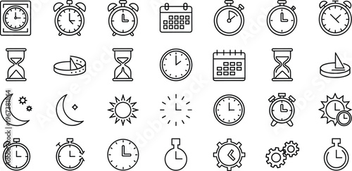 Time, Clock & Calendar Icon Set watch, timer, stopwatch, alarm, calendar, date, schedule, deadline, management, planning, reminder, hourglass, sandglass, sun, moon, day, night line art