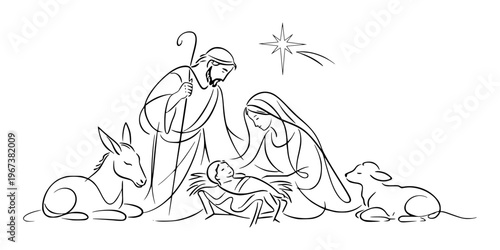 Minimalist line art of the nativity scene with holy family, animals, and star on white background, symbolizing Christmas and peace