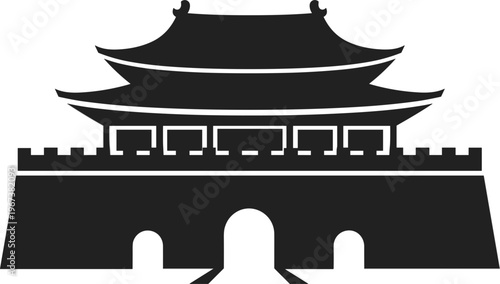 Traditional Chinese fortress gate silhouette, ancient oriental palace building and asian temple wall architectural icon