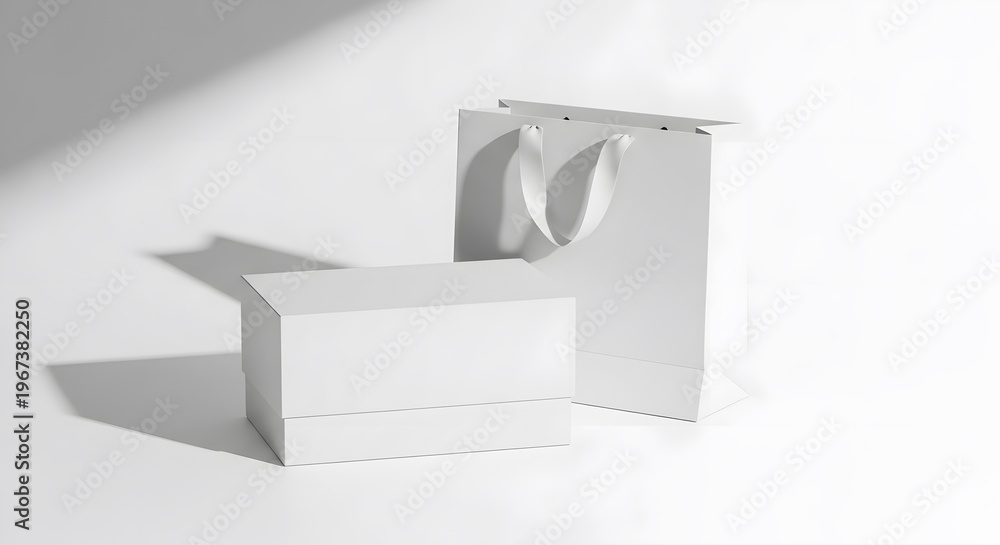 Obraz premium A minimalist white paper bag and box on a clean surface