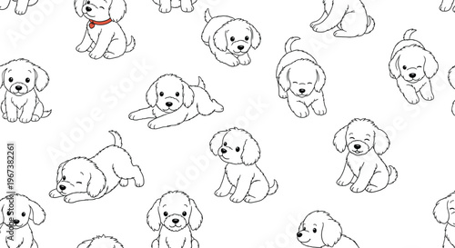 Playful puppies in various positions like sitting and lying down featured in a black and white line art seamless pattern for fabric.
