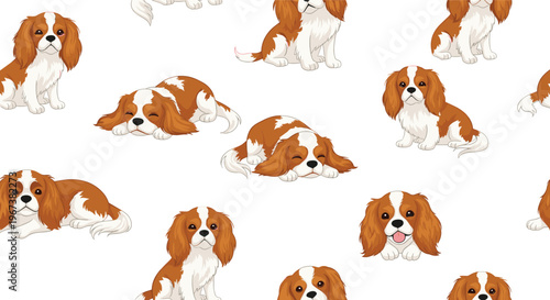 Cavalier King Charles Spaniel dog breed seamless pattern featuring various poses of brown and white puppies on a white background.