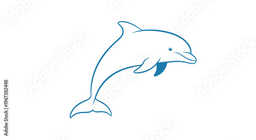 Dolphin jumping out of water shown as a simple blue line art illustration with a filled fin on a clean white background.