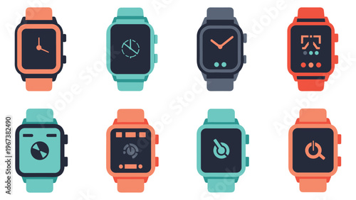 Set of smart watches and classic wrist watches vector illustration.
