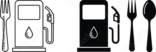 Fuel station and restaurant service icons in line and silhouette styles, ideal for travel, road trip, gas, and food concepts.