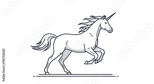 Mythical unicorn galloping swiftly with flowing mane and tail shown in a clean blue line art style on a plain white background.