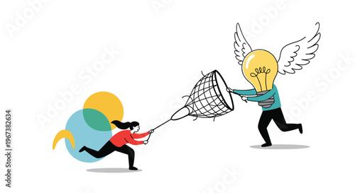 Conceptual illustration of a person trying to catch a flying lightbulb with a net representing the challenge of capturing creative ideas.