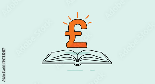 Open book with a glowing orange pound sterling currency symbol floating above it on a light mint green background for education costs.