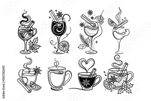 Line art showing festive hot drinks in elegant outline style on white background, concept of holiday warmth and seasonal comfort