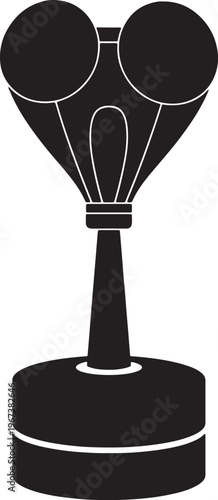 Black and white silhouette of a whisk with round base and two looped wires also transparent background