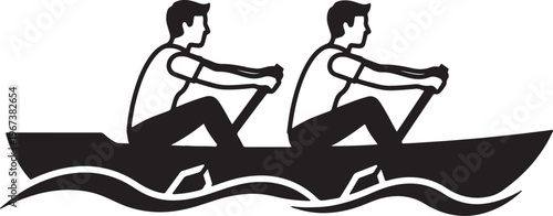 Black and white silhouette of two men rowing a boat on water also transparent background